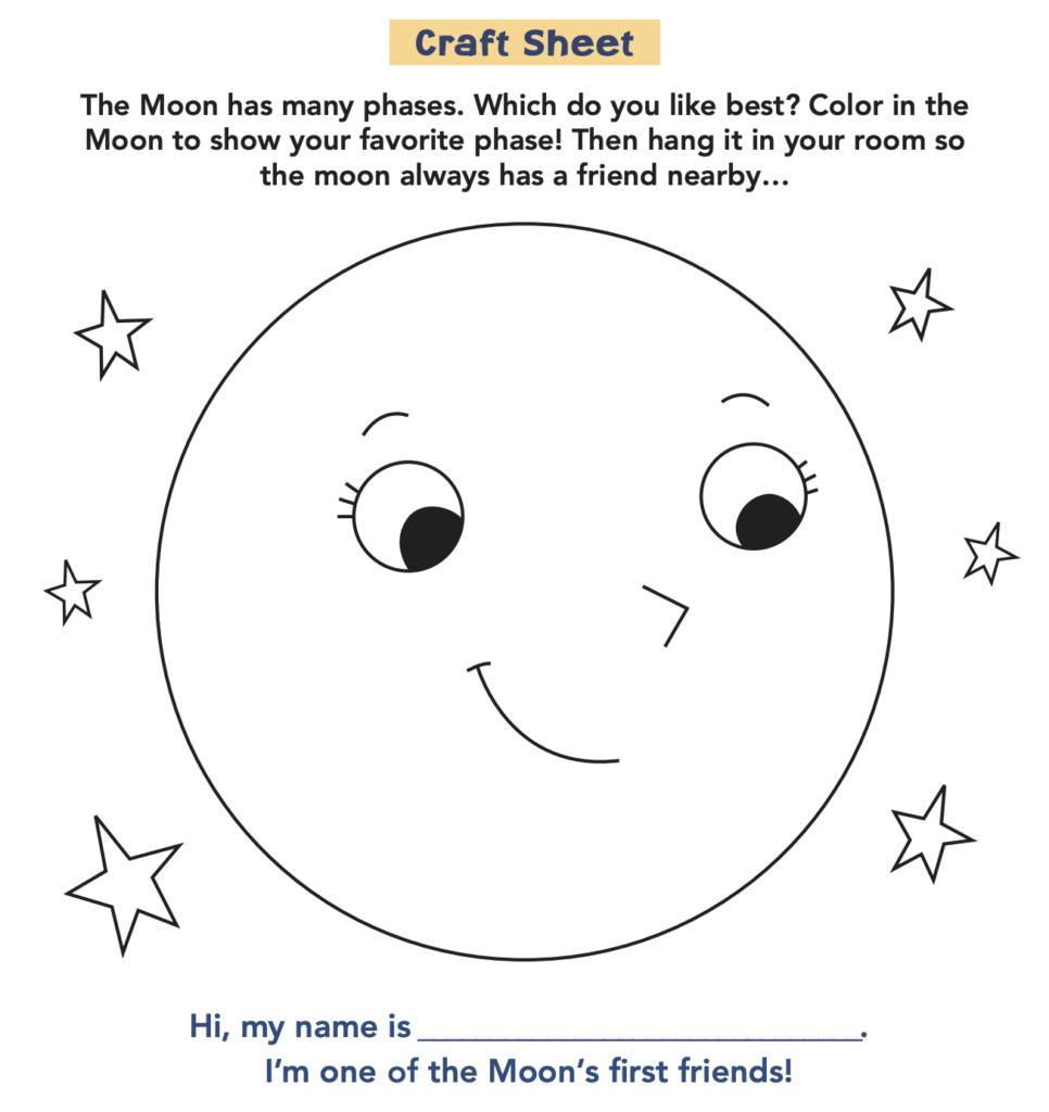 Coloring image of a full moon with a face and some text