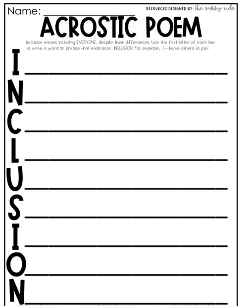 Image of an Acrostic Poem activityfor the word INCLUSION