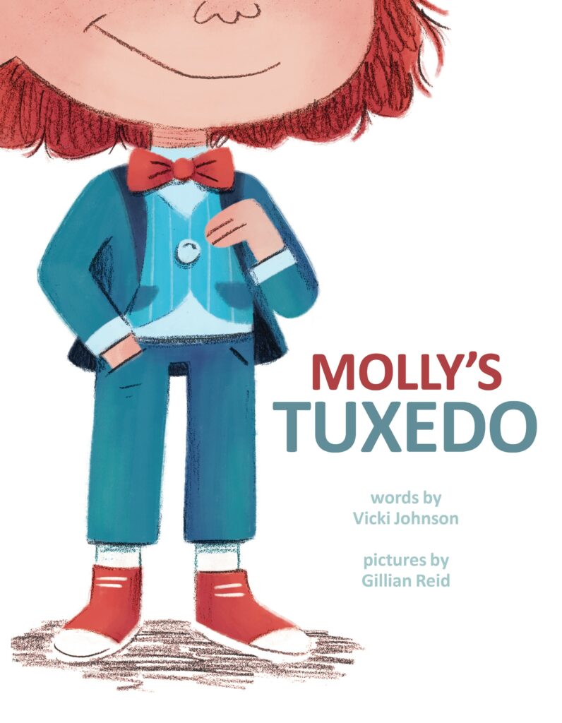 Image of the picture book Molly's Tuxedo written by Vicki Johnson and illustrated by Gillian Reid featuring a young girl wearing a blue tuxedo with a red bow tie and gym shoes.