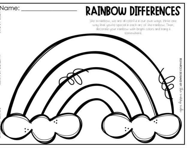 Image of a rainbow and clouds to color in showing the beauty of differences.