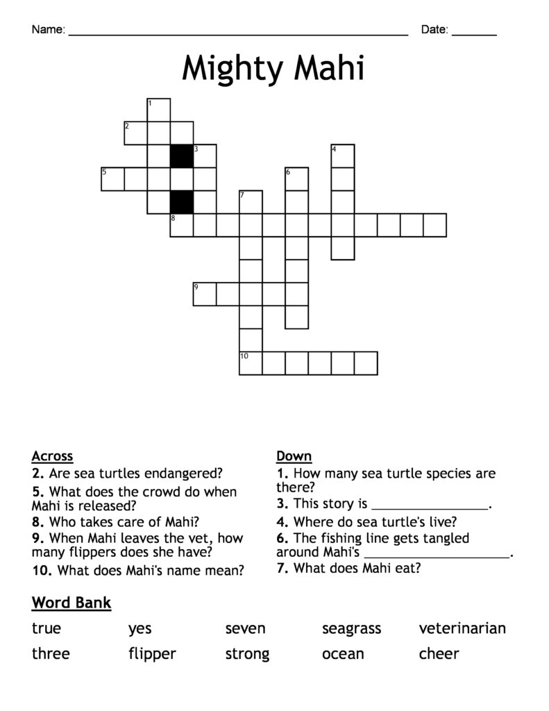 Black and white crossword puzzle for the picture book Mighty Mahi