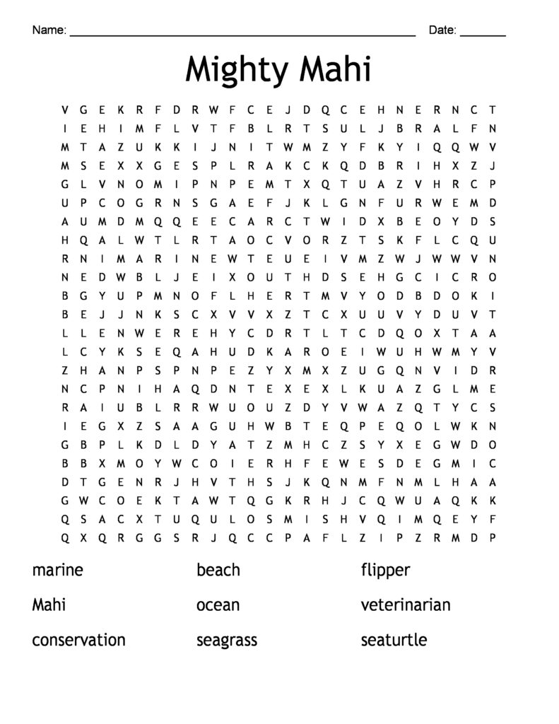 Black and white word search puzzle for the picture book Mighty Mahi